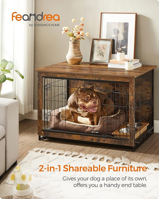 Feandrea Dog Crate Furniture, 38.6" Side End Table, Modern Kennel for Dogs Indoor up to 70 lb, Heavy-Duty Dog Cage with Multi-Purpose Removable Tray, Double-Door Dog House, Rustic Brown UPFC003X01