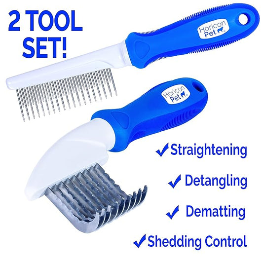 2 In 1 Dematting Razor Comb and 37 Pin Detangling Pet Comb Set - Removes Knots, Matted Fur, & Tangles Gently For Dogs & Cats
