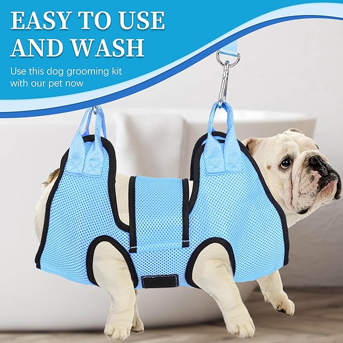 PatiencET Dog Grooming Hammock for Nail Trimming Pet Hammock for Small Dogs with Security Strap Cat Sling for Nail Clipping with Clippers Nail File and Pet Comb (Cerulean S)