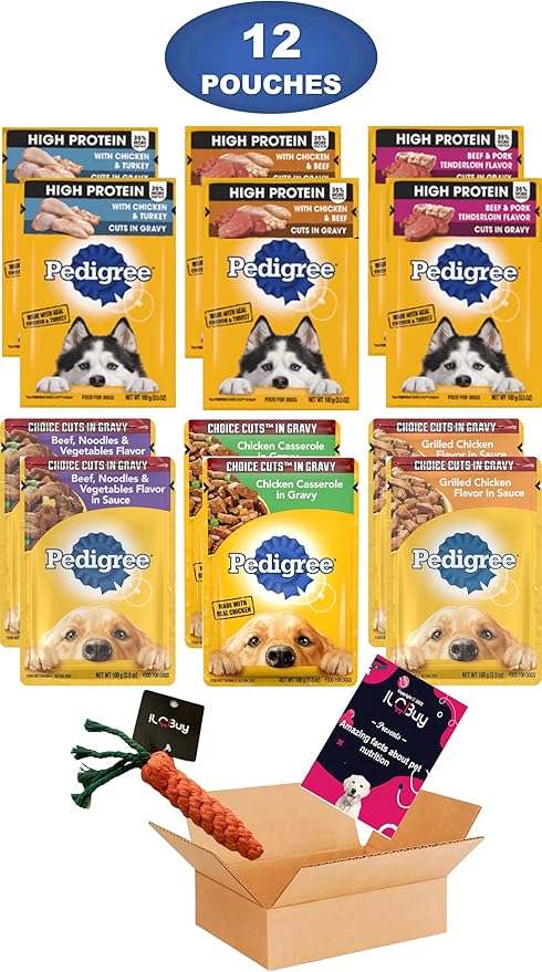 High Protein Dog Food Bundle, Includes 12 Pouches, High Protein and cuts in Gravy, Assorted 06 Flavors(02 Each).Plus a Carrot Dog Toy and a Pet Nutrition Booklet.