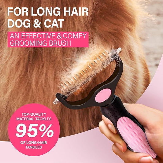 Pet Grooming Brush - Professional Undercoat Rake for Long-Haired Dogs & Cats, Extra Wide Double-Sided Stainless Steel Teeth for Removing Knots, Mats, and Tangles, Reduce Shedding by 95%, Pink