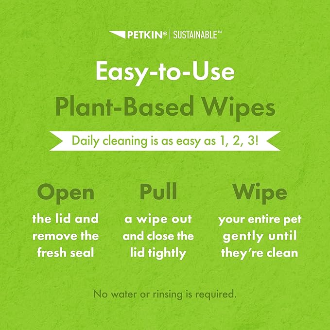 Petkin Plant-Based PetWipes, 200 Wipes - Biobased, Sustainable, Big & Thick Pet Wipes for Dogs & Cats - for Face, Paws, Ears, Body & Eye Area - Consciously Cleans & Conditions - Unscented