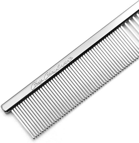Chris Christensen 5in Face and Feet Fine/Coarse Butter Comb, Groom Like a Professional, Rounded Corners Prevent Friction and Breakage, Solid Brass Spin with Steel Teeth, Chrome Finish