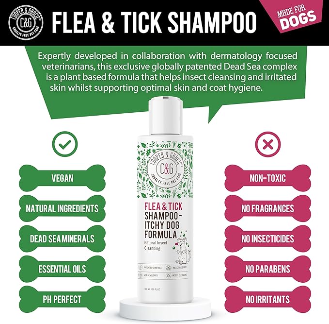 Itchy Dog Flea and Tick Shampoo 300ml – Plant-Based Gentle Dog Shampoo – Flea & Tick Care for Dogs – Cleanses & Freshens Coat – for Sensitive Skin – by C&G Pets