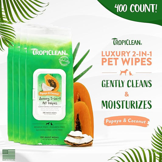 TropiClean Papaya & Coconut Dog Wipes for Paws and Butt | Deep Cleaning Dog Grooming Wipes | Safe for The Face | Cat Friendly | 400 Count
