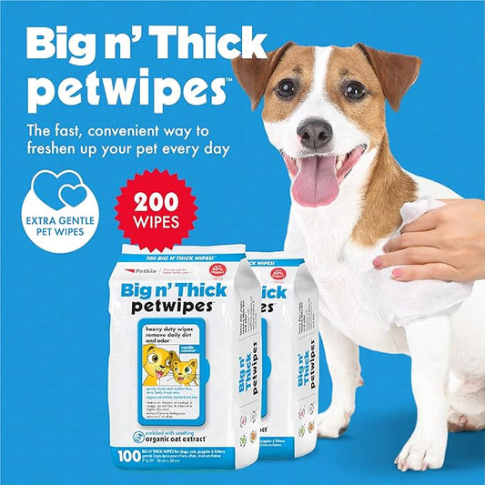 Petkin Large Pet Wipes for Dogs and Cats, 200 Count, Organic Oat Extract, Moistened with Gentle Cleaning Formula, Ideal for Home or Travel