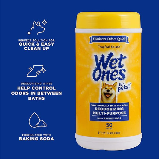 Wet Ones for Pets Deodorizing Multi-Purpose Dog Wipes With Baking Soda, 50 Count - 3 Pack| Dog Deodorizing Wipes For All Dogs in Tropical Splash Scent, Wet Ones Wipes for Deodorizing Dogs