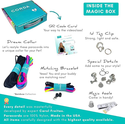 CORDA Crafts - Paracord Kit - Complete Accessories for Making Necklace Dog and Owner Matching Bracelet - Easy Video Tutorial - Waterproof Pet ID Tag Clip Included - Large Dog, Rainbow
