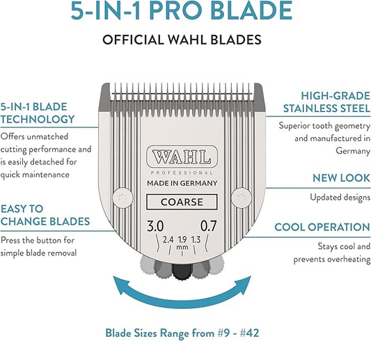 Wahl Professional Animal 5-in-1 Adjustable Blade Arco, Bravura, Chromado, Creativa, Figura, and Motion Pet, Dog, and Horse Clippers - Coarse (2179-401)