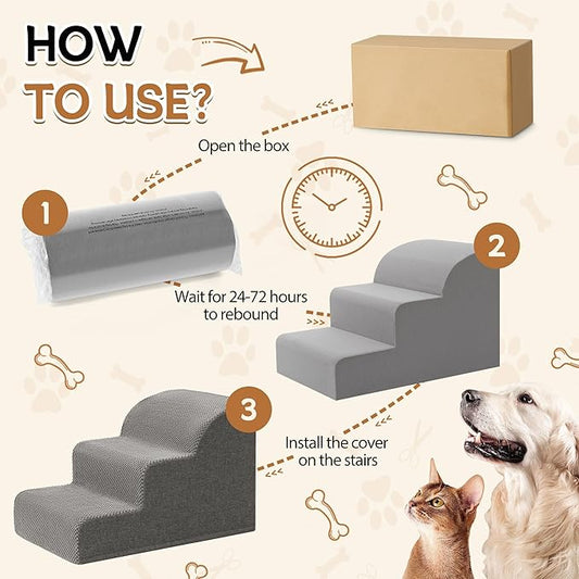 Dog Stairs, Romrol High Density Foam Dog Steps for High Bed and Couch, Dog Ramp, Pet Stairs for Small Dogs and Cats or Pets Joints, 3-Step