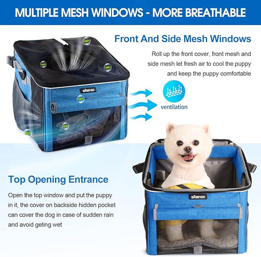 Dog Bike Basket, Soft-Sided Pet Bike Carrier with 4 Mesh Windows for Small Dog Cat Puppies - Blue