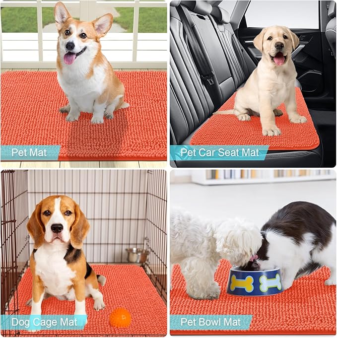 OLANLY Dog Door Mat for Muddy Paws 30x20, Absorbs Moisture and Dirt, Absorbent Non-Slip Washable Mat, Quick Dry Chenille, Mud Mat for Dogs, Entry Indoor Door Mat for Inside Floor, Coral