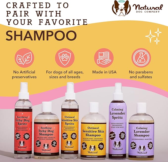Natural Dog Company Sensitive Skin Dog Deodorizing Spray: Ideal for Sensitive Skin Dog Shampoo, Long Lasting Perfume, Dog Spray Deodorizer, Neutral Scented with hints of Lavender, 8 oz