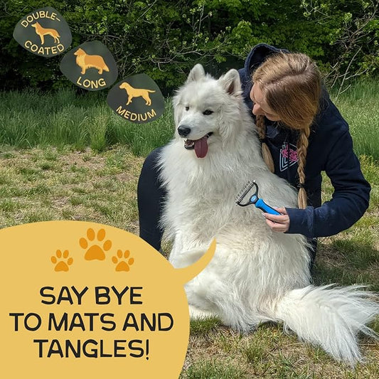 Pret & Lively 2 in 1 Pet Hair Dematting Tool, Tough Mats and Tangles, Undercoat Rake Comb, Dogs, Cats, Rabbits, Hairy Pets, Holiday Gift, Professional Grooming Brush For Deshedding, Extra Wide (Blue)