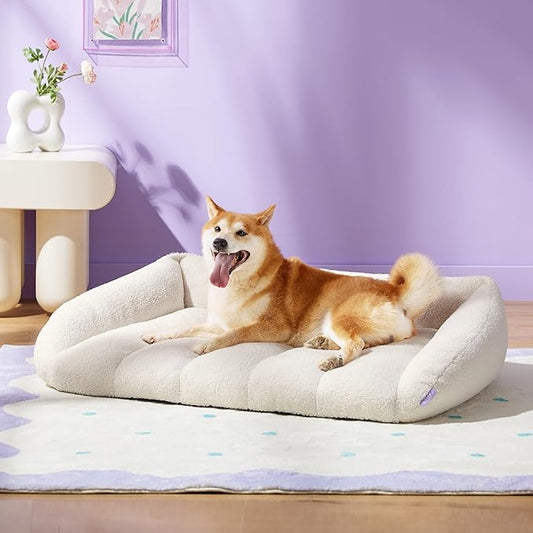 Lesure Orthopedic Dog Bed Sofa for Large Dogs, Waterproof Dog Couch with Removable Washable Cover, Cute Aesthetic Pet Sofa Couch with Egg Crate Foam(35" x 25" x 10.5", Cream)