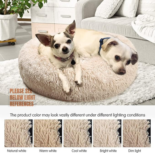 Small Dog Bed Calming Dogs Bed for Small Medium Large Dogs Anti-Anxiety Puppy Bed Machine Washable Warming Cozy Soft Pet Round Bed Fits up to 10-100 lbs (Medium (Pack of 1), Beige)