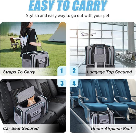 2 Sides Travel Expandable Pet Carrier Bag (Large), Airline Approved Soft-Sided Cat Carrier with Pad & Pocket & Removable Shoulder Strap - 18"x11"x11" Dog Airplane Carrier Under Seat
