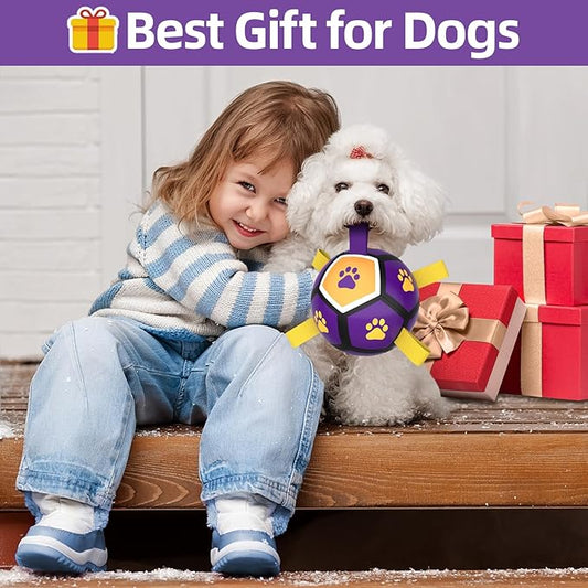 QDAN Dog Toys Soccer Ball - Durable Dog Balls for Small Dogs, Puppy Birthday Gifts, Dog Tug Toy with Strap for Tug of War (5 Inch)