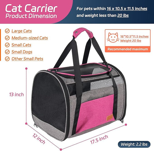 Cat Carrier for Large Cats 20 lbs, Soft Sided Breathable Mesh Cat Travel Carrier, Large Cat Carrier Airline Approved, Washable Pet Carrier for Cats Small Dogs Puppies, Foldable Cat Carrier, Pink