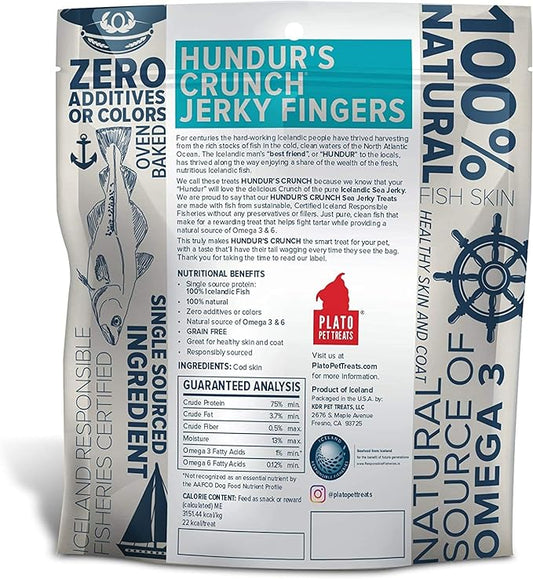 PLATO 3 Pack of Hundur's Crunch Single Ingredient Cod Skin Dog Treats, 10 Ounces Each