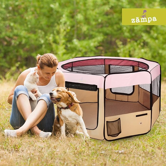 Zampa Dog Playpen Medium 45"x45"x24" Pop Up Portable Playpen for Dogs and Cat, Foldable | Indoor/Outdoor Pen & Travel Pet Carrier + Carrying Case.