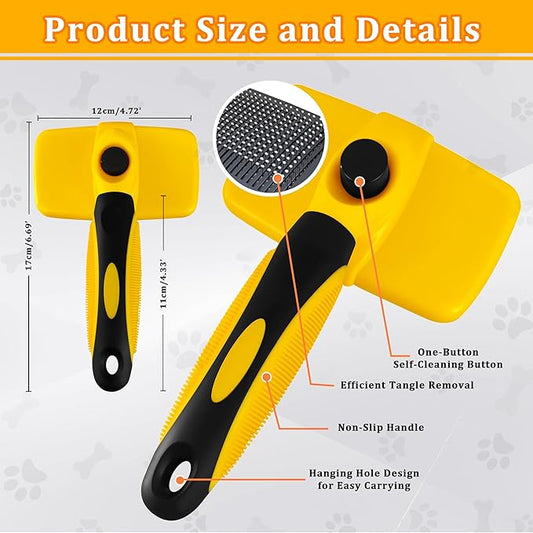 Qianruida Self Cleaning Slicker Brush for Grooming Long-haired or Short-haired Cats and Dogs Pet Brush for Shedding for Removing Undercoat and Tangled Hairs, Yellow