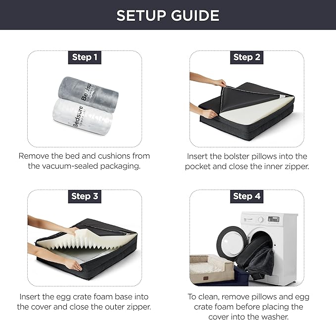 Bedsure Orthopedic Dog Bed for Extra Large Dogs - XLplus Egg Foam Dog Sofa, Bolster Couch Pet Bed with Removable Waterproof Washable Cover, Comfy Plush Velvet Fluff Surface, Nonskid Bottom, Charcoal