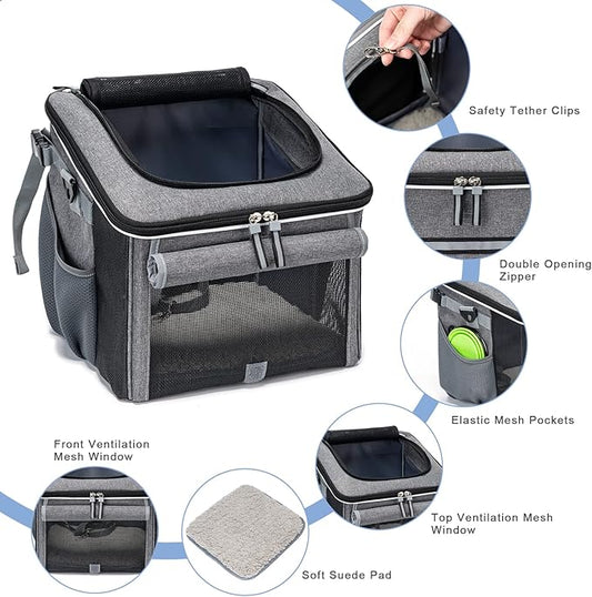 Dog Bike Basket, Soft-Sided Dog Bike Carrier with 4 Mesh Windows for Small Dog Cat Puppies - Grey