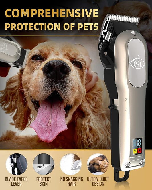 E-Hunter Professional Dog Clippers Cordless Rechargeable - Pet Grooming Kit with 8 Comb Guides, LED Display & Quiet Motor 50DB for Dogs, Cats with Thick Hair - Includes Cleaning Brush & Oil