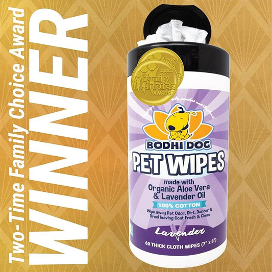 Bodhi Dog Pet Wipes - Grooming, Cleaning and Deodorizing Wipes for Dogs & Cats - No Parabens or SLS - Large, Thick, Wet Wipes - Wipe Away Pet Odors & Refreshes Coat - Lavender Scent (60 Count)