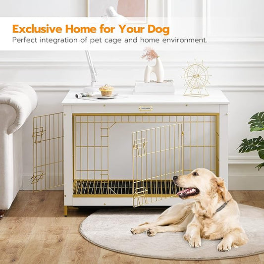 HOOBRO Dog Crate Furniture, 38.6" Large Dog Kennel Indoor, Wooden Dog Crate with Pull-Out Tray, Double Doors Dog House, Modern Side End Table for Small/Medium/Large Dog, White DW982GW03