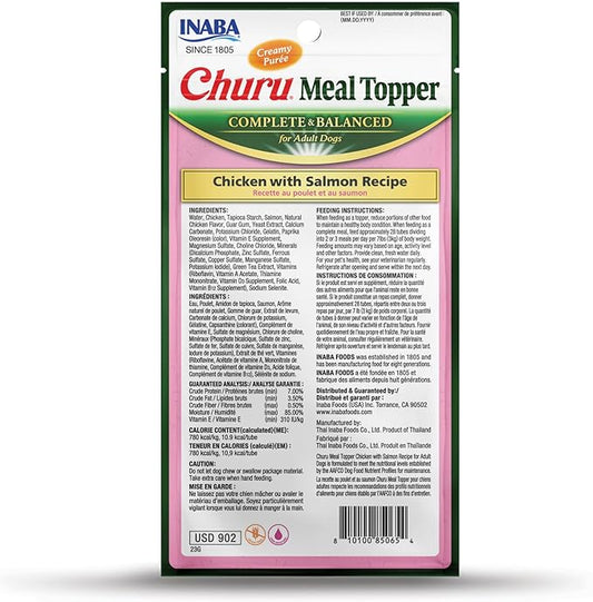 INABA Churu Meal Topper for Dogs, Complete & Balance, Creamy, Lickable Purée Dog Food Topper, 0.5 Ounce Tube, 24 Tubes (4 per Pack), Chicken with Salmon Recipe