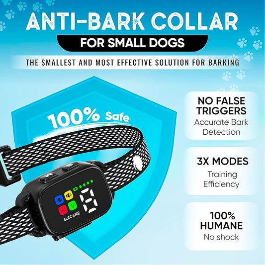 Tiny Bark Collar for Small Dogs 5-15 lbs and Puppies - No Shock Anti Barking Collar - Rechargeable Smart Collar for Dog Training with 7 Sensitivity Levels and 3 Beep&Vibration Modes (Black)