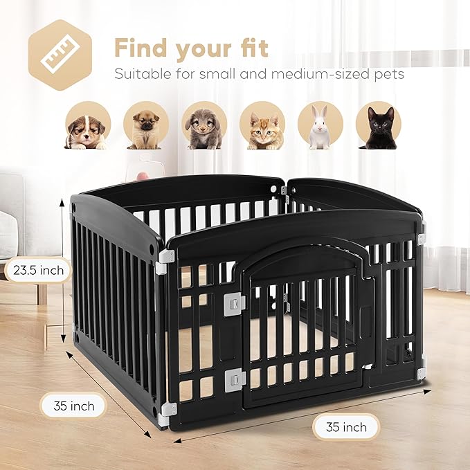 Simple Deluxe Plastic Dog Playpen, 24" Exercise 4-Panel Pet Playpen with Door, Safe and Secure, Folding and Portable Puppy Playpen for Puppies and Small Dogs, Black