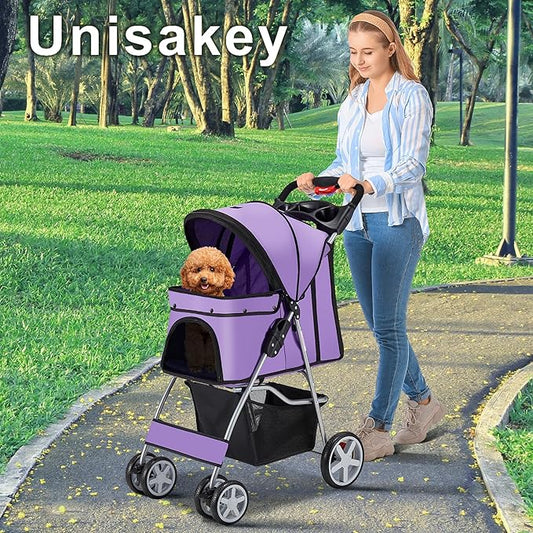 4 Wheels Pet Stroller for Small Medium Dogs Cats 33 lbs, Breathable Foldable Jogger Stroller with Storage Basket, Travel Puppy Stroller for All-Season, Move Pad & Protective Lock, Purple