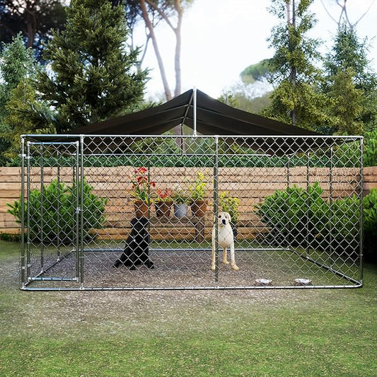 Large Outdoor Dog Cage with UV and Waterproof Cover,Metal Galvanized Rustproof Puppy Fence,W/Security Door,Heavy Duty Kennel for Farm & Garden,Silver 13.1'Lx13.1'Wx5.8'H