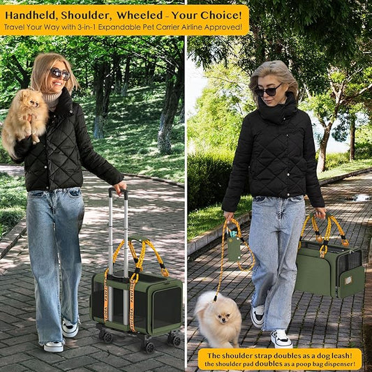 PAWZIDEA Expandable Pet Carrier with Wheels, 18X11X11 TSA Airline Approved Cat Carrier w/ID Card for 2 Cats, Small Dog Carrier Car Seat Travel Bag, Shoulder Strap as Dog Leash