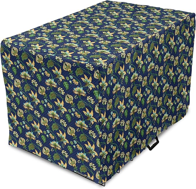 Lunarable Jacobean Dog Crate Cover, Triangles with Floral Pattern Stalks Leaves Flowers Whimsical Nature, Easy to Use Pet Kennel Cover for Medium Large Dogs, 48 Inch, Dark Blue Green Mustard