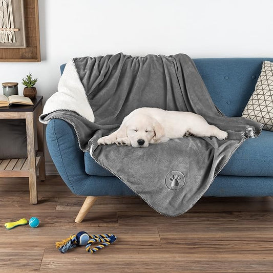 PETMAKER Waterproof Pet Blanket - 50x60-Inch Reversible Sherpa Fleece Throw Protects Couches, Cars, and Beds from Spills, Stains, and Fur (Gray), Large