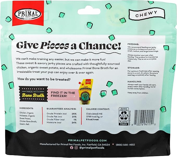 Primal Chicken Jerky Dog Treats Made with Broth, Give Pieces a Chance Training Treat for Dogs, 4 oz