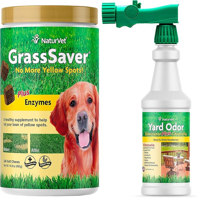 NaturVet GrassSaver 240 Ct & Yard Odor Eliminator Plus Citronella 32oz Spray Bundle | Keep Grass Green, Rid Your Lawn of Yellow Patches Caused by Dog Urine | Eliminate Stool & Urine Odors from Lawn