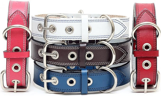 Premium Leather Collars with Stainless Steel Buckles (15"-18", White)