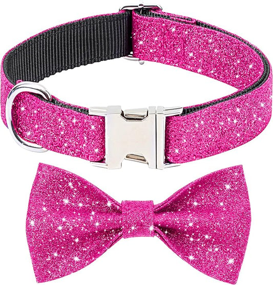 Bling Bow Tie Dog Collar and Leash Set, Cute Pink Girl Dog Collar with 5ft Leash for Small Medium Dogs Daily Walking or Holiday Party (Hot Pink, Neck fit 11-16’’)