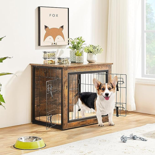 Yaheetech 27.5'' Dog Crate Furniture with Cushion Wooden Dog Crate with Double Doors/Adjustable Feet Side End Table for Small/Medium Dogs, 27.5" L x 20" W x 24" H