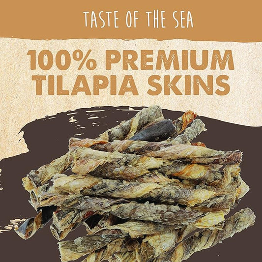 Mighty Paw Naturals Fish Skin Dog Treats | 100% Natural Dried Fish Dog Treats. Tilapia Skin Fish Chews Dog Snacks. Omega-3 Ocean Chews for Dogs, Fish Skin Chews for Dog