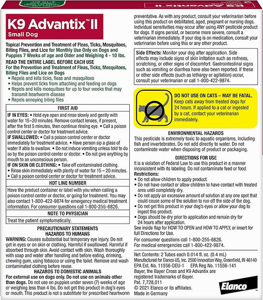 K9 Advantix II Small Dog Vet-Recommended Flea, Tick & Mosquito Treatment & Prevention | Dogs 4-10 lbs. | 2-Mo Supply