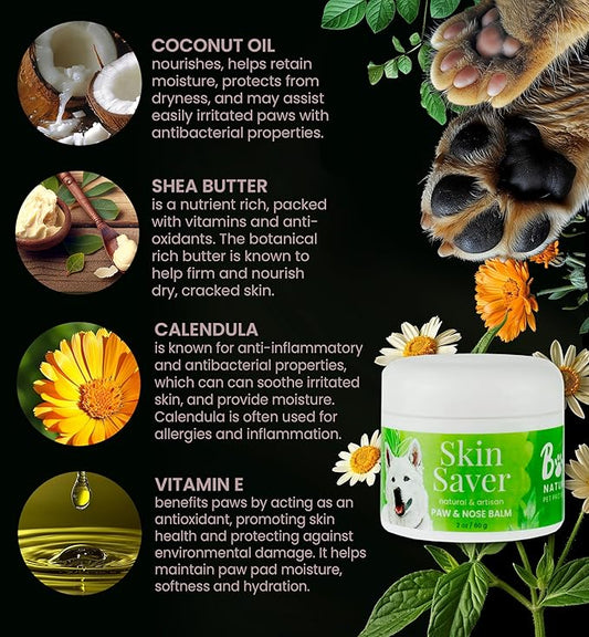 Paw & Nose Balm - All Natural & Vegan Skin Saver for Dogs & Cats - Paw Cream & Lotion for Protecting Dry Paws, Noses & Elbows (2 oz / 60 g Jar)