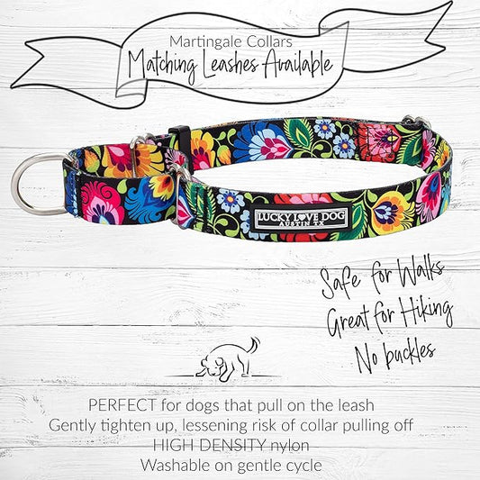 Lucky Love Dog Wide Martingale Dog Collar - No-Slip, Durable, & Soft Webbing 1.5 inch Martingale Collar for Dogs Male and Female - Ideal for Training & Walking, Stylish Blackbird Pattern, Large Size