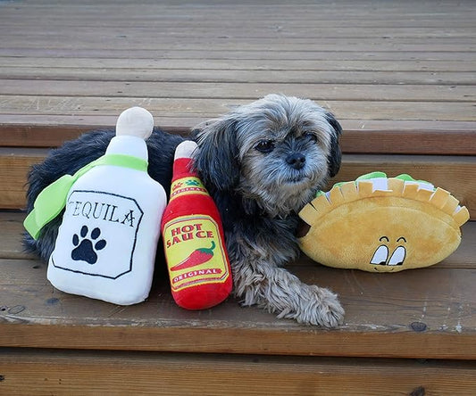 Baja Ponchos 4 Pack Fiesta Dog Chew Toys and Sombrero - Mexican Squeak Plush Toys - Dog Gifts for Chihuahuas - Taco - Tequila - Hot Sauce - for All Breeds