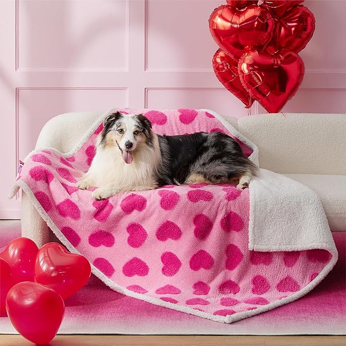 Lesure Waterproof Puppy Blanket for Large Dogs - Washable Double Sided Dog Blankets with Warm Jacquard Shag and Soft Sherpa Fleece, Pet Cat Blanket for Bed Couch Protection, Love Pattern Design,Pink